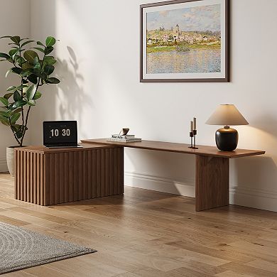 63''-86'' Extendable Mid-Century Brown Wood TV Stand, Media Console with 2 Cabinets