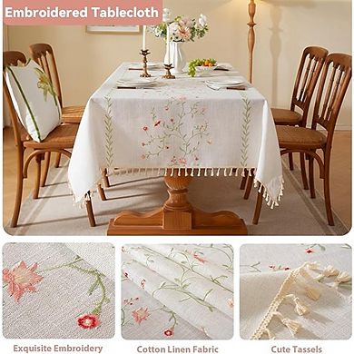 Spring Floral Cotton Linen Tablecloth, Waterproof, Wrinkle-Free, Tassel Trim