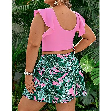 Plus Size Tropical Print 2 Piece Tankini Set, Ruffle Sleeve Top with Swim Skirt