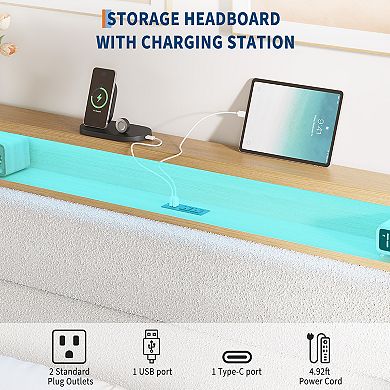 Bed Frame with Headboard and LED Lights, Upholstered Platform Bed Frame with Charging Station