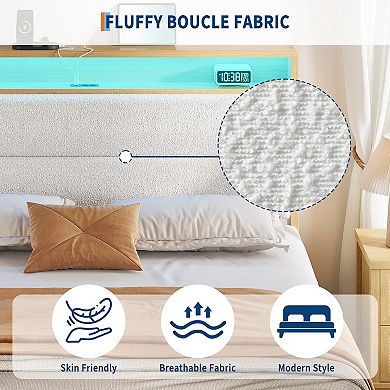 Bed Frame with Headboard and LED Lights, Upholstered Platform Bed Frame with Charging Station