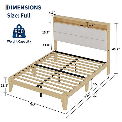 Bed Frame with Headboard and LED Lights, Upholstered Platform Bed Frame with Charging Station