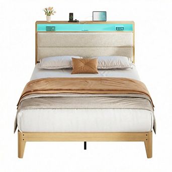 Bed Frame with Headboard and LED Lights, Upholstered Platform Bed Frame with Charging Station