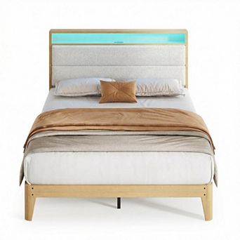 Bed Frame with Headboard and LED Lights, Upholstered Platform Bed Frame with Charging Station