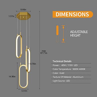 3-Rings Oval LED Chandelier, Modern Pendant Light for Kitchen Island Dining Room