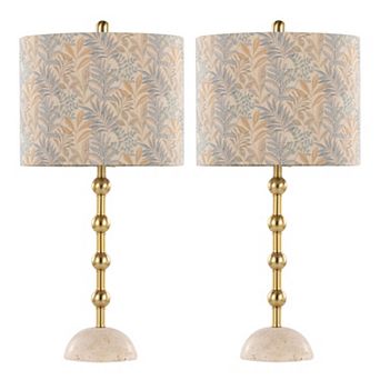 Loheer Table Lamp Set of 2 with Travertine Base, Gold Metal and Decorative Fabric Shade