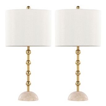 Loheer Table Lamp Set of 2 with Travertine Base, Gold Metal and Decorative Fabric Shade