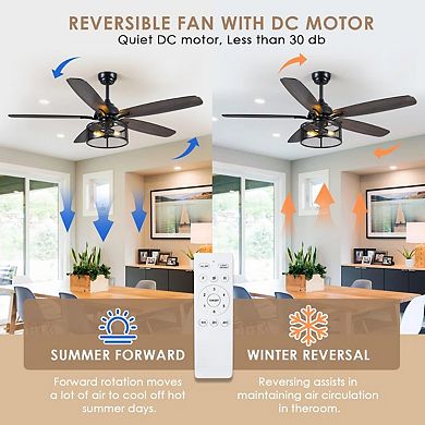 Caged Ceiling Fan with Light Farmhouse Vintage Flush Mount Fandelier Remote DC Motor