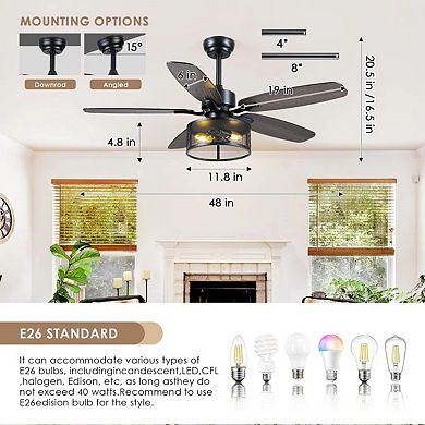 Caged Ceiling Fan with Light Farmhouse Vintage Flush Mount Fandelier Remote DC Motor