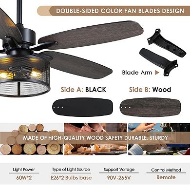 Caged Ceiling Fan with Light Farmhouse Vintage Flush Mount Fandelier Remote DC Motor
