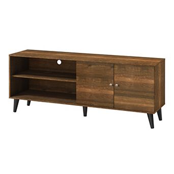 Loheer Mid-Century Modern TV Stand Woodgrain Media Console with Storage Shelves for Living Room