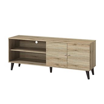 Loheer Mid-Century Modern TV Stand Woodgrain Media Console with Storage Shelves for Living Room