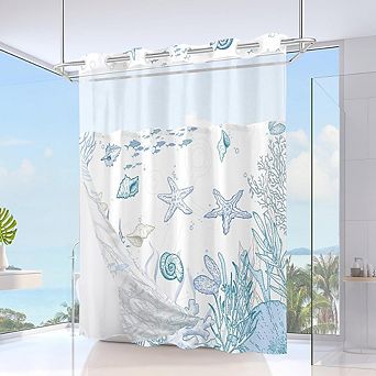 No-Hook Coastal Shower Curtain with Snap-in Liner, Waterproof Fabric, Washable