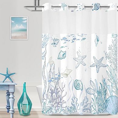 No-Hook Coastal Shower Curtain with Snap-in Liner, Waterproof Fabric, Washable