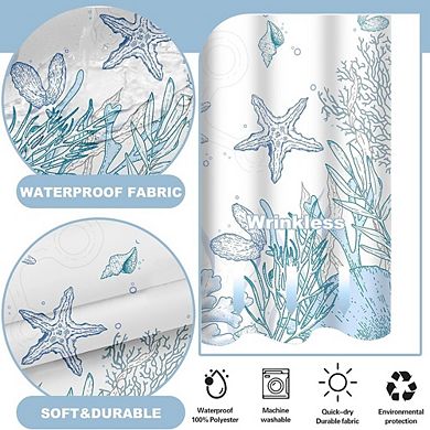 No-Hook Coastal Shower Curtain with Snap-in Liner, Waterproof Fabric, Washable