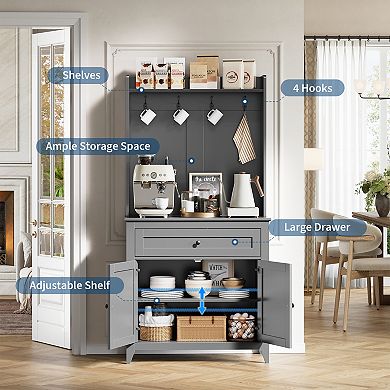 63’’ Pantry Cabinet, 4 Hooks Kitchen Pantry Storage Cabinet with Drawer & Adjustable Shelves