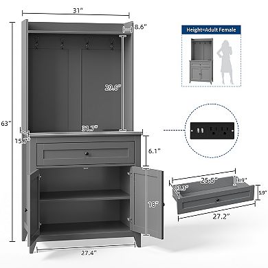 63’’ Pantry Cabinet, 4 Hooks Kitchen Pantry Storage Cabinet with Drawer & Adjustable Shelves