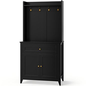 63’’ Pantry Cabinet, 4 Hooks Kitchen Pantry Storage Cabinet with Drawer & Adjustable Shelves