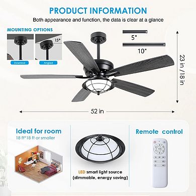 52 Inch Wet Rated Outdoor Ceiling Fan with Light Remote 6 Speed Reversible Motor