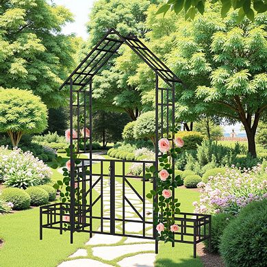 80" Metal Garden Arbor with Gate, Planter Boxes, Outdoor Wedding Arch Trellis for Climbing Plants