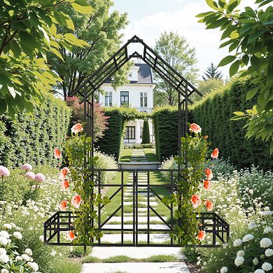 80" Metal Garden Arbor with Gate, Planter Boxes, Outdoor Wedding Arch Trellis for Climbing Plants