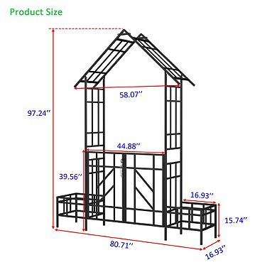 80" Metal Garden Arbor with Gate, Planter Boxes, Outdoor Wedding Arch Trellis for Climbing Plants