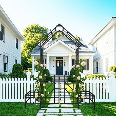 80" Metal Garden Arbor with Gate, Planter Boxes, Outdoor Wedding Arch Trellis for Climbing Plants