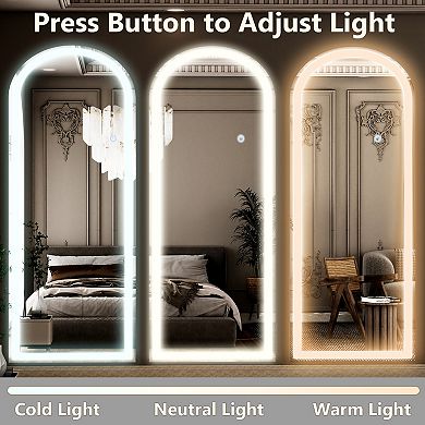 Arched 20 in. W x 63 in. H LED with 3-Color Dimmable Light Frameless Full Length Floor Mirror
