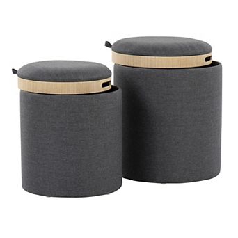 Loheer Contemporary Nesting Ottoman Set with Storage and Tray Top in Charcoal Fabric