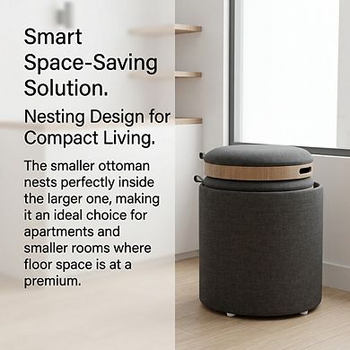 Loheer Contemporary Nesting Ottoman Set with Storage and Tray Top in Charcoal Fabric