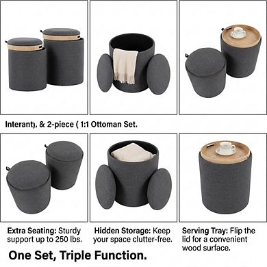 Loheer Contemporary Nesting Ottoman Set with Storage and Tray Top in Charcoal Fabric