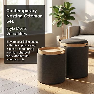 Loheer Contemporary Nesting Ottoman Set with Storage and Tray Top in Charcoal Fabric