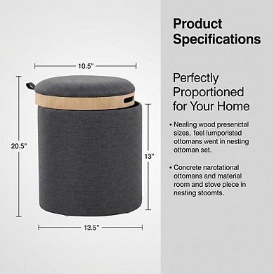 Loheer Contemporary Nesting Ottoman Set with Storage and Tray Top in Charcoal Fabric