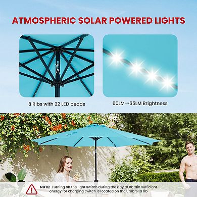 YIORTWO 9.5 FT Solar Patio Umbrella with 32 LED Lights Tilt Crank UV Resistant