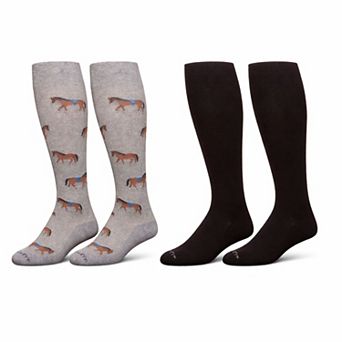 2 Pair Unisex Cotton Blend Compression Knee High Socks, Horse/Solid