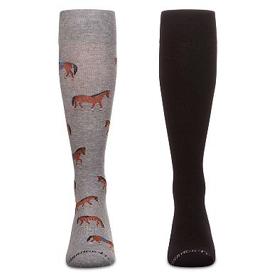 2 Pair Unisex Cotton Blend Compression Knee High Socks, Horse/Solid