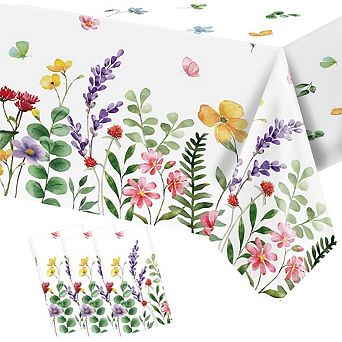 Spring Floral Tablecloths, disposable plastic party covers, waterproof 3 pack