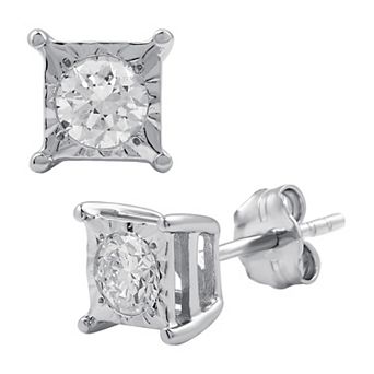 Diamond Essentials Sterling Silver 1/3 Carat T.W. Lab Grown Diamond Square Princess Frame Stud Earrings