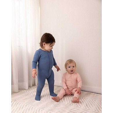 2 Piece Kids Ribbed Cotton Blend Solid Color Button-Down Pajama Set