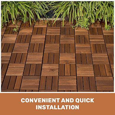 Loheer 10PCS Interlocking Deck Tiles Checker Pattern Hardwood Outdoor Flooring for Patio Balcony