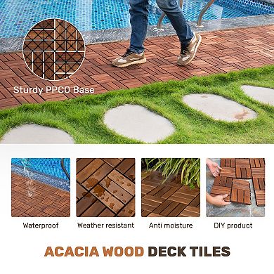 Loheer 10PCS Interlocking Deck Tiles Checker Pattern Hardwood Outdoor Flooring for Patio Balcony