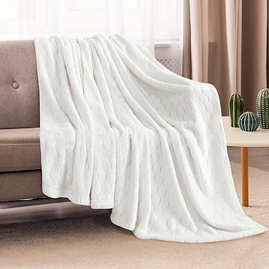 Cream White Fuzzy Plush Throw Blanket, Soft Fluffy Microfiber Flannel Geometric Blanket