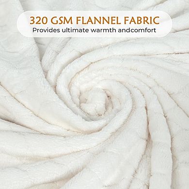 Cream White Fuzzy Plush Throw Blanket, Soft Fluffy Microfiber Flannel Geometric Blanket