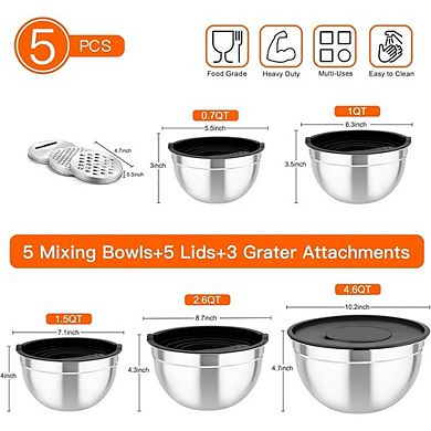 5 Piece Stainless Steel Mixing Bowls with Lids Durable & Dishwasher Safe