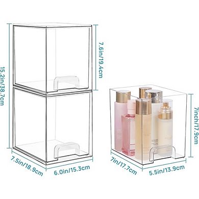 2-Pack Clear Stackable Storage Drawers, Plastic Multi-Purpose Organizer