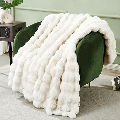 Faux Rabbit Fur Throw Blanket, Thick Cozy Soft Decorative Fuzzy Blanket