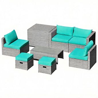 8 pc Patio Furniture Set with Storage Box and Glass Table
