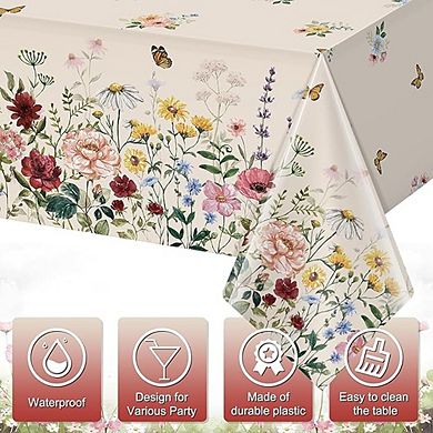 Spring Floral Butterfly Disposable Tablecloth, 1-Pack 54x108 Inch Party Decoration