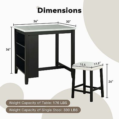 3-Piece 36 in. H Bar Table Set with 2 Stools, USB-A and USB-C Charging Ports