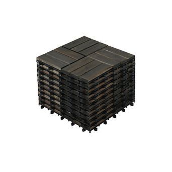 LOHEER 10 pc H Style Acacia Wood Interlocking Deck Tiles Checker Pattern DIY Patio Floor Tiles